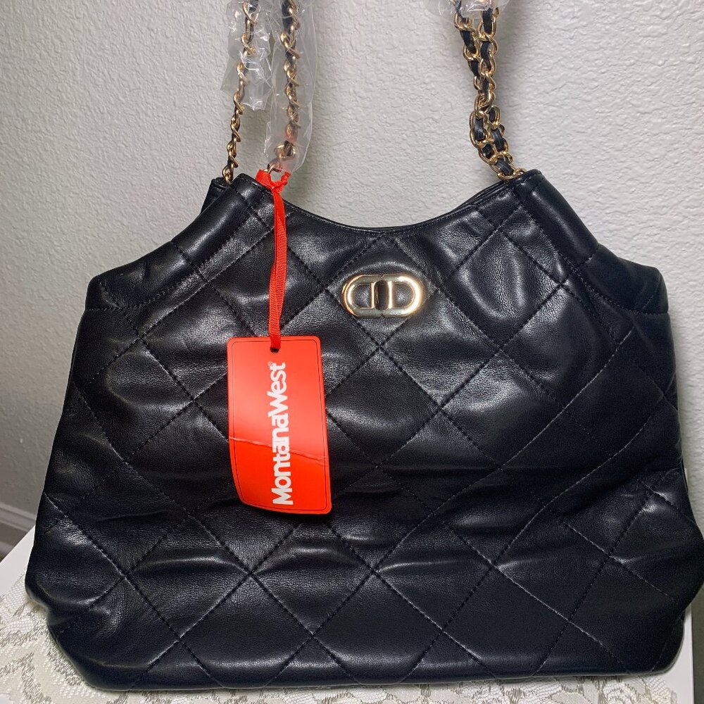 NEW Montana West Quilted Hobo Tote Bag Purse Black Vegan Leather Gold Handbag